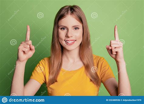 Portrait Of Reliable Promoter Nice Lady Direct Finger Empty Space Wear