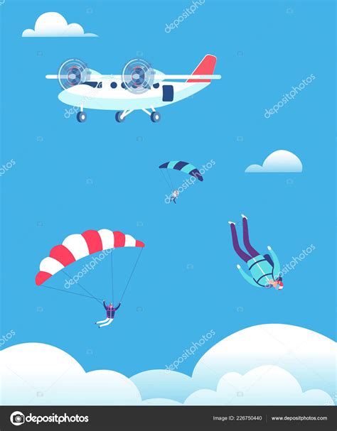 Skydiving Concept Parachutists Jumping Out Of Plane In Blue Sky
