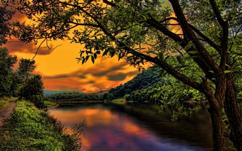 Nature Landscape Sunset Trees Clouds Path Hill Forest HDR River Hungary Sky Shrubs