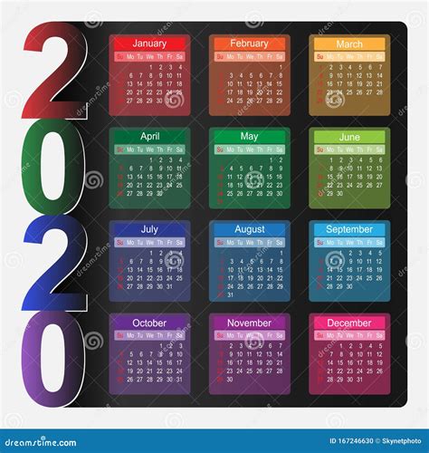 Colorful Calendar 2020 Year Design Template Stock Vector Illustration