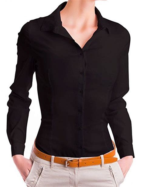 Damen Figurbetonte Langarm Bluse Business Hemd Tailliert Schwarz 604 Farbe Schwarz Gr