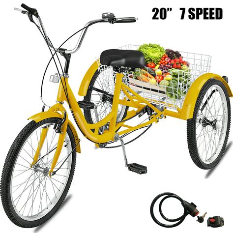 Vevor Adult Tricycle 20 Inch Three Wheel Bikes 7 Speed Yellow