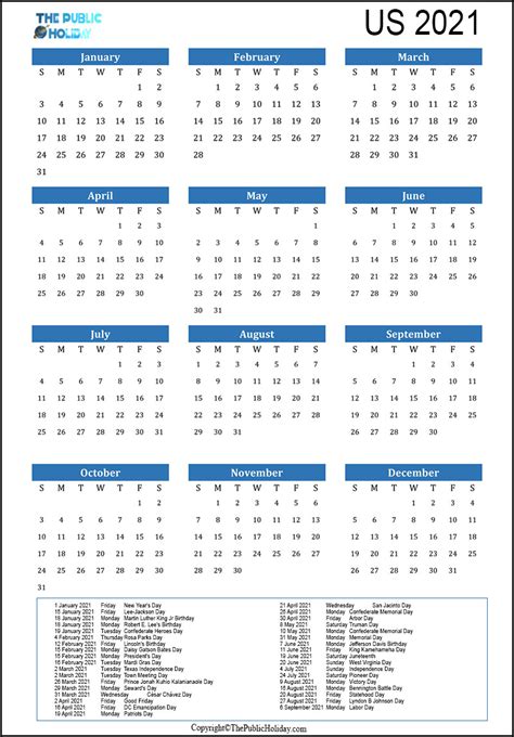 Us Holidays 2021 Calendar Public National Federal Bank