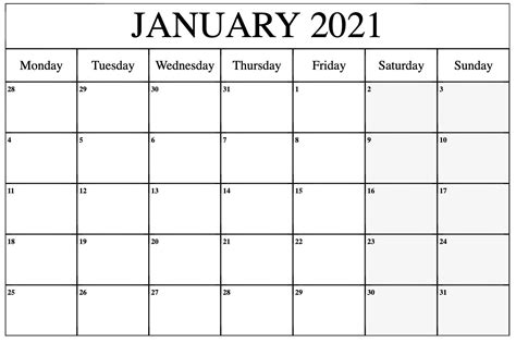 Free January 2021 Printable Calendar Template