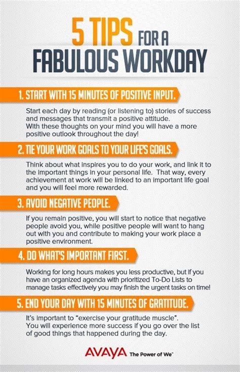 Five Tips For A Fabulous Workday Info Sheet With The Text 5 Tips For A