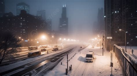 An Image Of A Snowy City At Night Background Chicago Snowstorm Picture