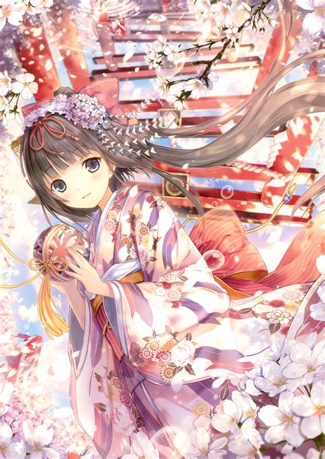 brunettes flowers kimono torii flower petals anime