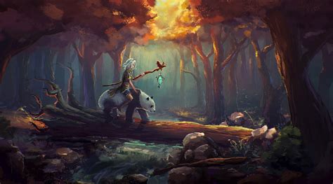 Fantasy Art Panda White Hair Forest Painting Wallpapers Hd