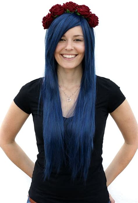 prettyland c942 long women wig straight silky layered hair 80 cm long with bangs dark blue