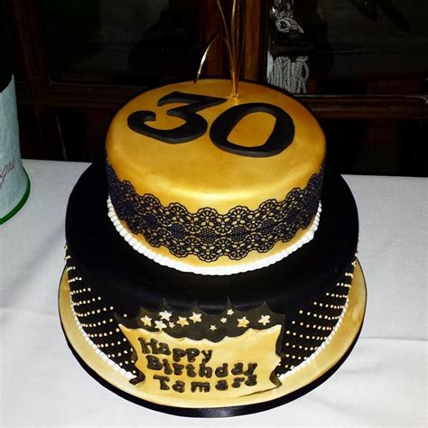 30th Birthday Cake Black And Gold Edible Lace Detailing 30