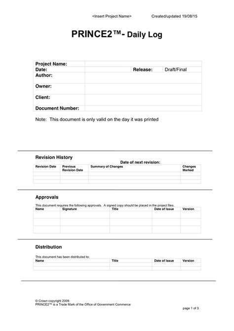 Prince2 Daily Log Template Daily Log Template