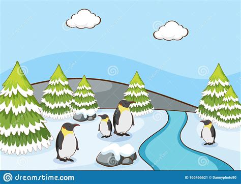 Scene With Penguins On Snow Mountain Stock Vector Illustration Of