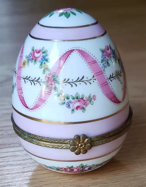 Vintage Porcelain Egg Trinket Box Floral Hinged Hand Painted France