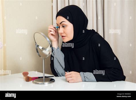 Beautiful Muslim Woman Applying Mascara Young Arab Woman Using Lash