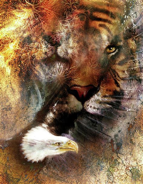 Eagle And Tiger Collage On Color Abstract Background Rust Structure
