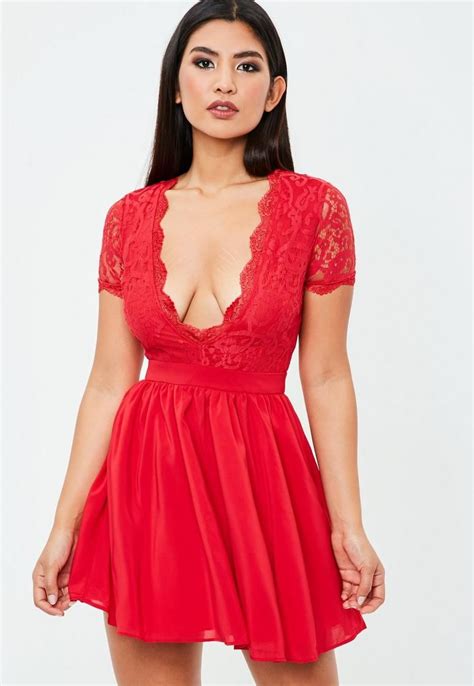 Red Lace Plunge Skater Dress Stretchy Lace Dress Shop Short Dresses