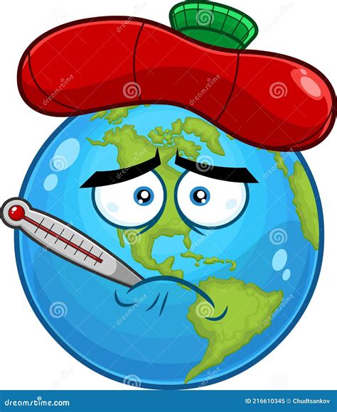 Sick Earth Globe Cartoon Character With Thermometer And Ice Bag Stock