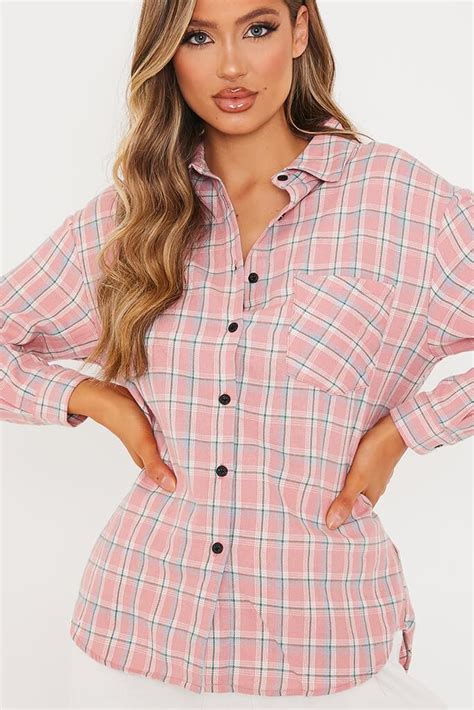 Pink Oversized Check Shirt Tops I Saw It First