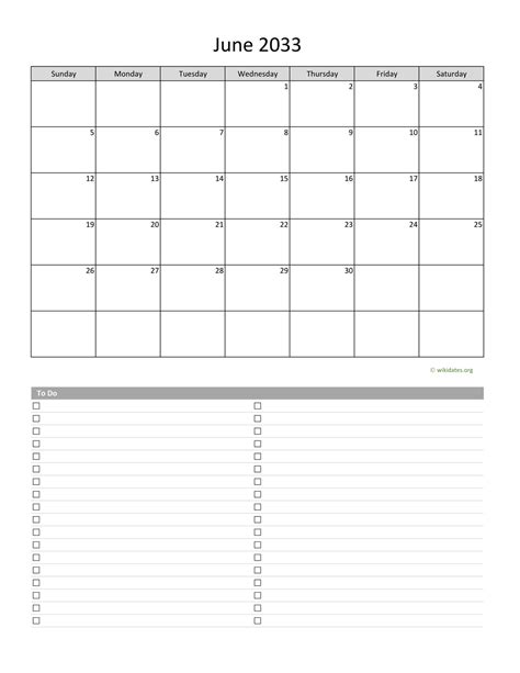 June 2033 Calendar With To Do List
