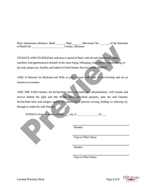 Missouri Limited Warranty Deed From Individual To Individual Limited