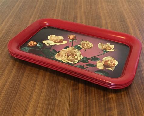 1950s Set Of 4 Metal Trays Vintage Tv Trays Yellow Rose Floral