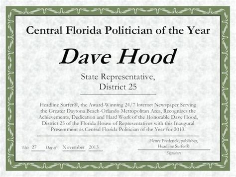 Central Florida Politician Of The Year State Rep Dave Hood Of Greater Daytona Beach Headline