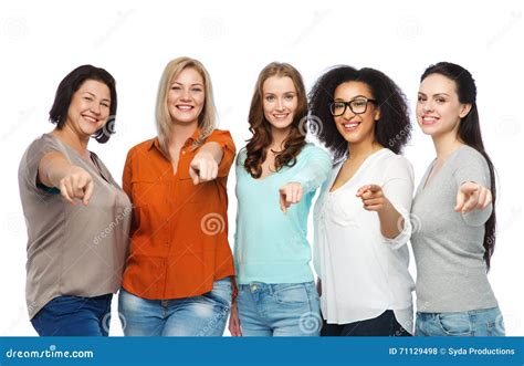 Group Of Happy Women Pointing Finger On You Stock Photo Image Of