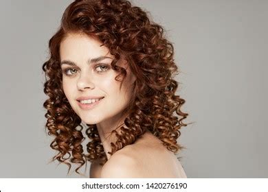 Pretty Woman Naked Shoulders Makeup Curly Stock Photo