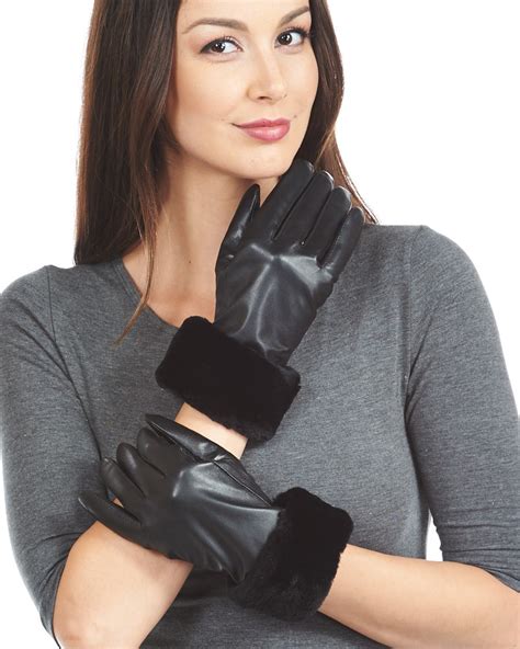 Black Sheared Beaver Trim Wool Lined Leather Gloves