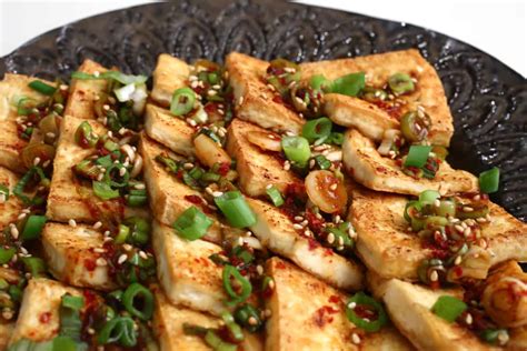 Korean Food Photo Pan Fried Tofu With Delicious Seasoning Sauce