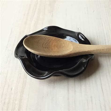 Black Spoon Rest Handmade Ceramic Scalloped Wavy Modern Spoon Rest