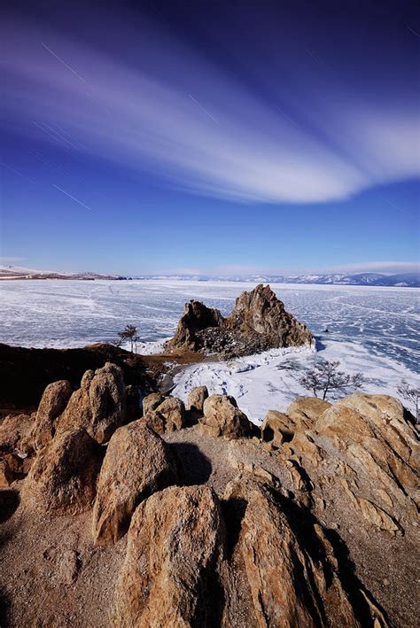 Distant View Of Shamanka Rock On Burkhan Cape Baikal Lake Olkhon