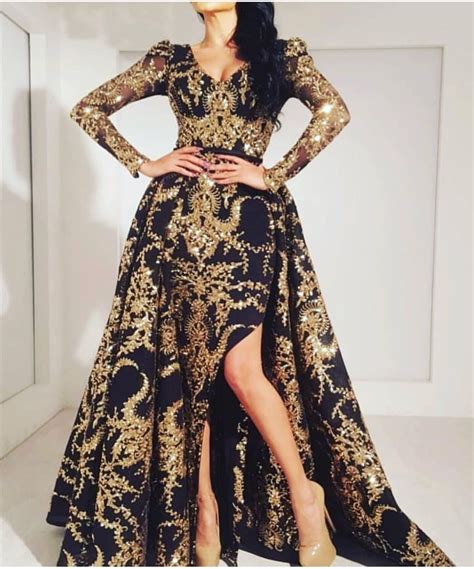 Detachable Skirt Evening Dresses Long Black And Gold Evening Gown