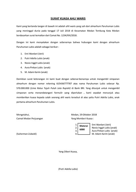Surat Kuasa Ahli Waris Bank Rakyat Indonesia Surat Kuasa Ahli Waris