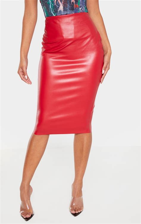 Red Basic Faux Leather Midi Skirt Skirts Prettylittlething Usa
