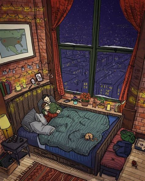 A Big Bed By A Snowy Window Hygge Cabin Art Dreamy Art Illustration