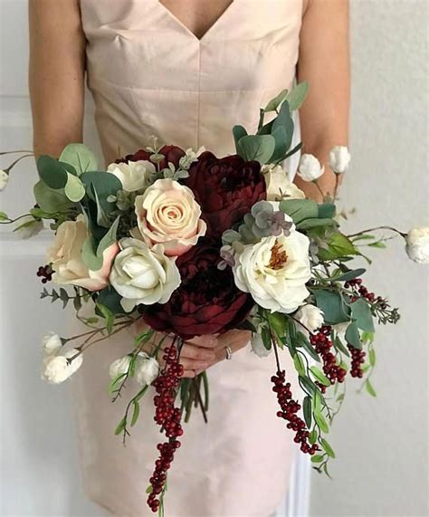 Champagne And Burgundy Wildflower Boho Bridal Bouquet Faux