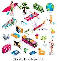 Realistiske, sommer ferie, iconerne. Sommer, sæt, iconerne, seaside, isoleret, illustration ...