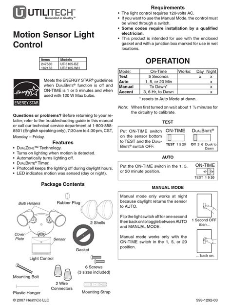 Utilitech Motion Sensor Light Control Ut 5105 Bz Owners Manual Pdf