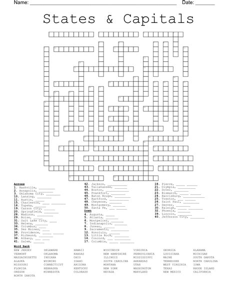State Capitals Crossword Puzzle Answers