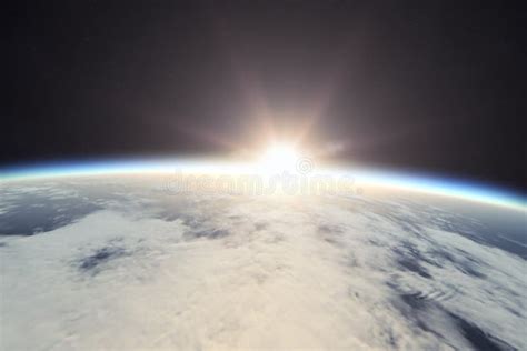 Earth Sunrise From Space Over Cloudy Ocean 3d Rendering Stock