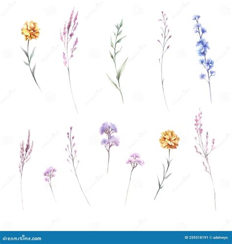 Set Of Wildflowers Hand Draw Watercolor Illustration Stock