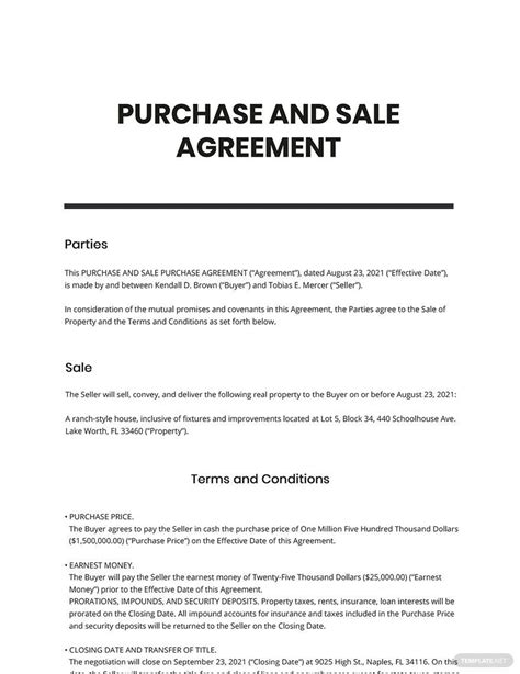 Purchase And Sale Agreements Templates Format Free Download