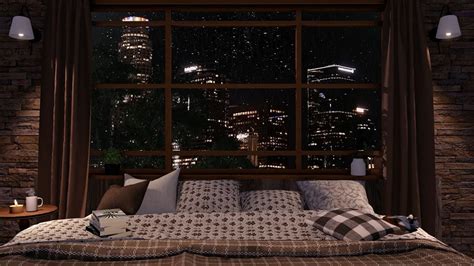 Rain On Window Night City View In Cozy Bedroom Rain Sounds For
