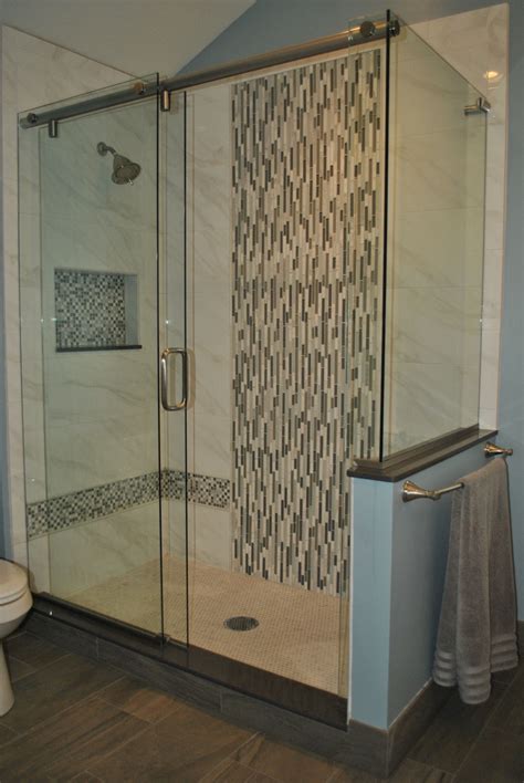 Frameless By Pass Shower Doors Vertical Glass Tile Waterfall Feature
