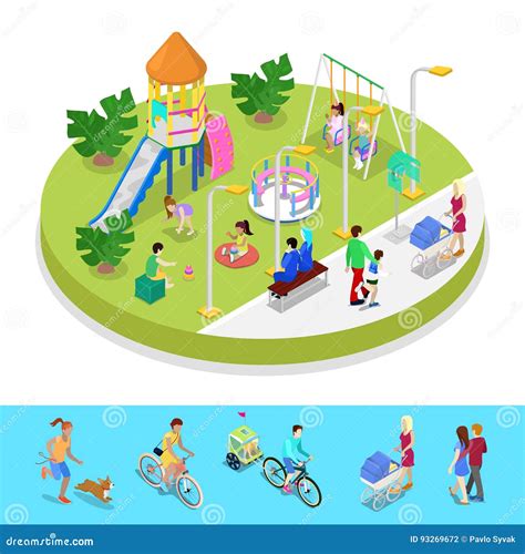 Isometric City Park Composition With Children Playground And Walking