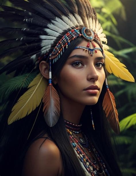 premium ai image beautiful native american woman with feathers on her head