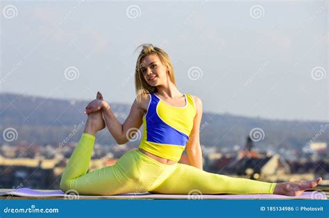 Flexible Girl Outdoor Attractive Woman Practicing Yoga Splits Exercise Workout For Gymnastic
