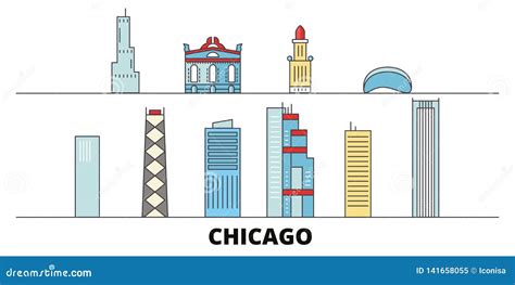 United States Chicago Flat Landmarks Vector Illustration United