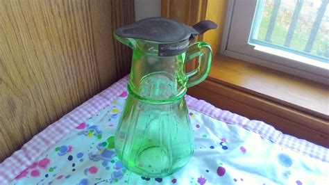 Vintage 1930s Hazel Atlas Vaseline Green Glass Syrup Pitcher